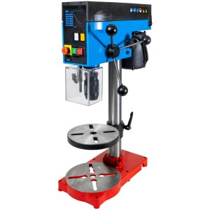 Trapano a colonna Güde GTB 14 PRO in blu/nero/rosso con mandrino e tavolo di lavoro.