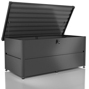 Coffre de jardin Guardi M, anthracite, coffre universel avec couvercle ouvert et serrure.