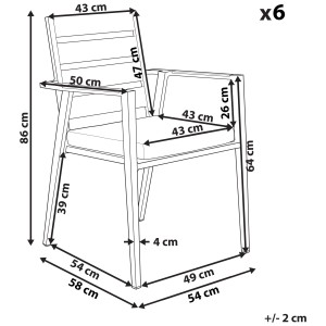 Beliani Set Taviano: 6 sedie da giardino in metallo nero con dimensioni.