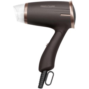Sèche-cheveux Profi Care HT 3009, marron, avec embout et poignée pliante pour un rangement facile.