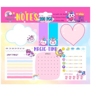 Set de blocs-notes Magic Time avec motifs de licornes, 200 pièces, idéal pour le bureau, l'école et les projets créatifs.