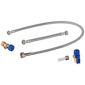 Kit de raccordement d'eau Geberit pour modules WC Monolith, comprenant des robinets d'arrêt et des flexibles.
