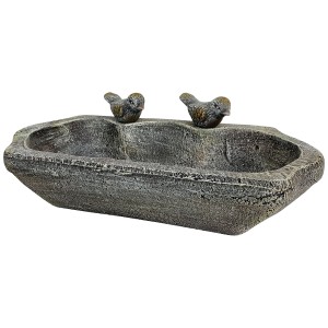 Bagno per uccelli esagonale grigio con 2 figure di uccelli in terracotta per il giardino.