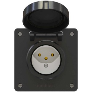 Prise apparente Exo noire type 13 IP55 avec couvercle à charnière ouvert.