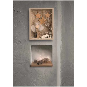 Cornice in legno 22,4x16,4x6,2cm con elementi decorativi come stelle e angelo, ideale per il fai da te.