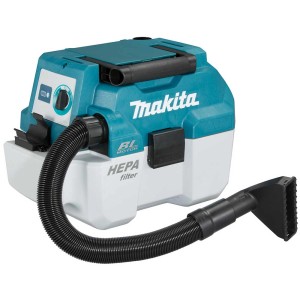 Aspirateur sans fil Makita DVC750LZX1 (sans batterie) turquoise et blanc avec tuyau et embout.