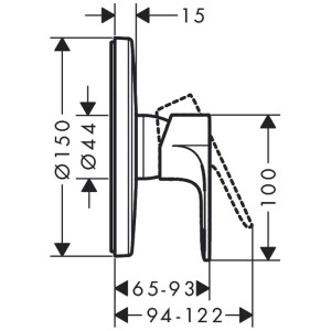 Disegno tecnico: Miscelatore doccia ad incasso Hansgrohe Rebris E, monocomando nero, dimensioni.