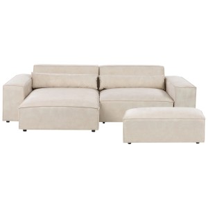 Canapé d'angle en velours beige Beliani Hellnar avec ottoman et coussins.