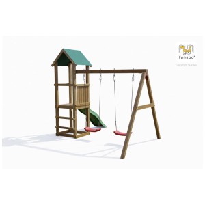 Tour de jeu en bois Fungoo Lucas avec toboggan et balançoire double pour le jardin.