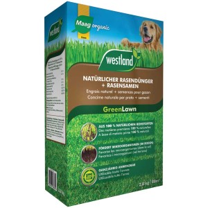 Paquet d'engrais NPK Westland GreenLawn, 2,8 kg avec graines de gazon pour une pelouse verte et luxuriante.