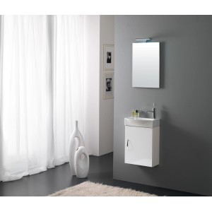 Badblock Mini 42 cm, blanc brillant, avec éclairage LED et lavabo.