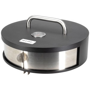 Boîte à pizza Nouvel en métal noir avec thermomètre et poignée. Ustensile de grill pour pizza croustillante.