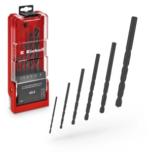 Set di punte per metallo Einhell HSS-R, 6 pezzi (2-8 mm) con custodia rossa e punte di varie dimensioni.