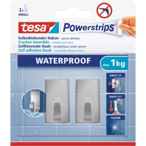 Tesa Crochets adhésifs Waterproof, lot de 2. Crochets en acier inoxydable pour salle de bain et cuisine, montage facile.