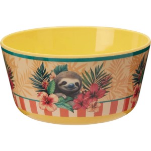 Bol en mélamine jaune (Ø 14cm) avec motif paresseux et fleurs d'hibiscus.
