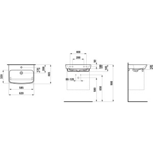 Dessin technique : Lavabo Laufen Moderna R, céramique, blanc, dimensions pour WC invités.