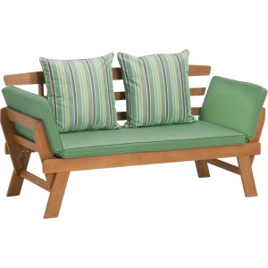 Greemotion banc multifonctionnel Velden : Mobilier de jardin en acacia avec coussins vert menthe et rayures.