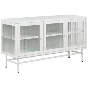 Vitrine Beliani Devon en acier blanc avec trois portes en verre et étagères.
