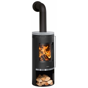 Justus Kaminofen Faro 2.0, Stahl schwarz, Speckstein Abdeckplatte, 6 kW. Kamin mit Holzfach und Sichtfenster.