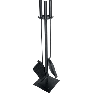 Set d'outils de cheminée CMI noir, 4 pièces : pelle, brosse, tisonnier et support pour accessoires de cheminée.