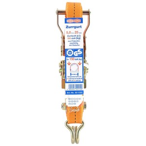 Conacord Spanngurt Pro, blau, 5 m lang, mit Ratsche und zwei Spitzhaken.