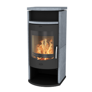 Poêle à bois Fireplace Barcelona avec habillage en stéatite, puissance 8 kW, design noir.