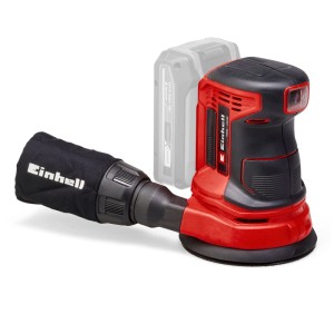 Ponceuse excentrique sans fil Einhell TE-RS 18 Li avec sac à poussière, batterie et chargeur.