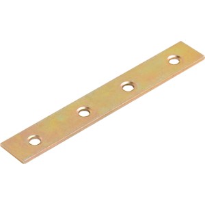 Connecteur plat zingué jaune, 100x15 mm, avec trous de fixation.