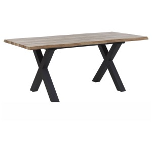 Table de salle à manger extensible Beliani Bronson avec plateau en bois clair et pieds noirs en forme de X.
