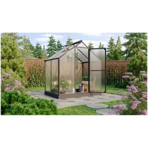Schwarzes Vitavia Gewächshaus Triton 2500 mit Hohlkammerplatten, 198x131 cm, im Garten.