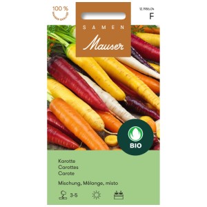 Saatgut Knospe Bio Karotten-Mischung: Bunte Karotten in Gelb, Orange, Rot und Weiß.