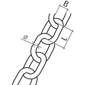 Schizzo di una catena di saldatura Conacord forma A in acciaio color argento, dettagli su lunghezza e diametro.