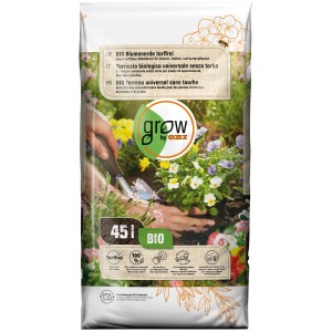 Sacco di terriccio biologico GROW by OBI, 45l, senza torba. Mani che piantano fiori nel terreno. Terriccio universale per giardino, balcone e piante da interno.