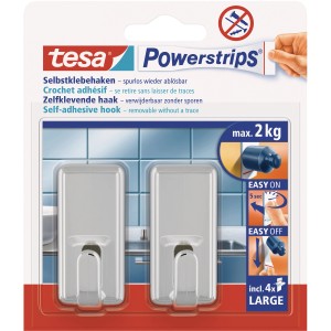 Tesa crochets adhésifs chromés brillants, carrés, 2 pièces avec Powerstrips Large, supporte jusqu'à 2 kg.
