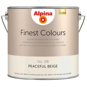 Barattolo di pittura murale Alpina Finest Colours Peaceful Beige, 2.5 l. Vernice beige opaco elegante per interni.