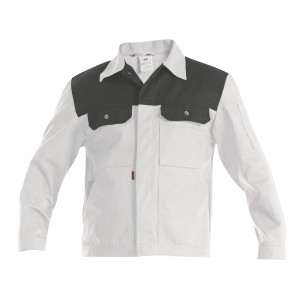Veste de travail Classic blanche et grise, taille 54, avec poches poitrine et latérales pour vêtements de travail.