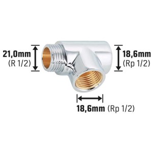 Raccordo a T filettato in ottone cromato, 21 mm x 18,6 mm, per installazione di tubi per acqua potabile e riscaldamento.