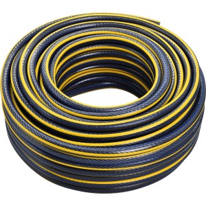Tubo da giardino LUX-TOOLS PRO arrotolato, 50 m, blu con strisce gialle.