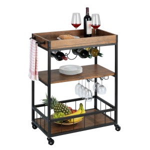 Chariot de cuisine Wenko Rustico noir et noyer avec porte-bouteilles, porte-verres et 3 étagères.