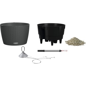 Cesto sospeso Lechuza Nido Cottage 35, granito, Ø 35 cm, con accessori come sistema di irrigazione e sospensione.