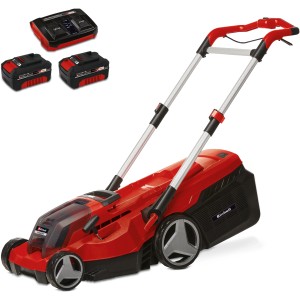 Tondeuse à batterie Einhell Rasarro 36/38 avec deux batteries, chargeur et manche en aluminium.