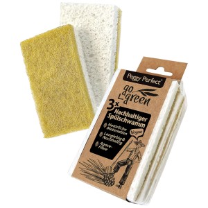 Trois éponges à vaisselle Peggy Perfect: fibre d'agave jaune-vert et polaire blanche. Kit pratique pour la cuisine.