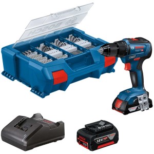 Set avvitatore a batteria Bosch Professional GSR 18V-55 con accessori, batterie e caricabatterie.