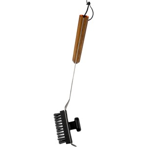Spazzola per la pulizia BBQ Traeger con setole in nylon e manico in teak per la pulizia della griglia.