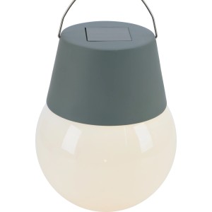 Lampe solaire LED grise (Ø 10 cm) avec lumière blanc chaud et dispositif de suspension pour l'extérieur.