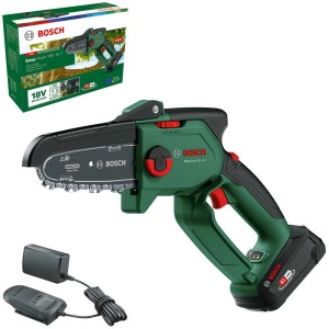 Tronçonneuse à batterie Bosch EasyChain 18V-15-7 avec batterie et chargeur. Scie d'élagage compacte pour le jardinage.