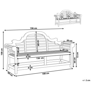 Dessin technique du banc de jardin Beliani Marlboro en bois d'acacia, dimensions et charge 120 kg par personne.