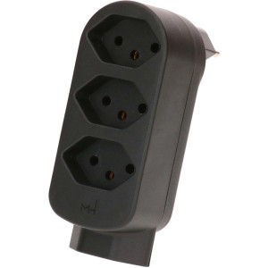 Schwarzer drehbarer Abzweigstecker mit 4 T13 Steckdosen. Kompakter Zwischenstecker aus Kunststoff für flexible Nutzung.