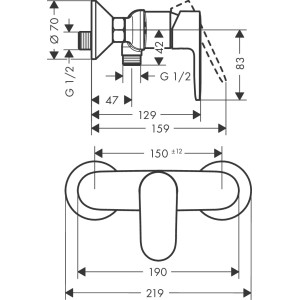 Disegno tecnico miscelatore monocomando doccia Hansgrohe Vernis Blend, esterno, dimensioni e collegamenti.