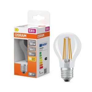 Lampadina LED Osram E27, forma a bulbo, 5,9W, 806 lumen, bianco caldo, trasparente.